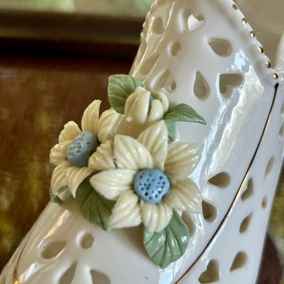 Vintage Porcelain Lattice Shoe with Applied Flowers – 8” Decorative Figurine - Picture 4 of 12